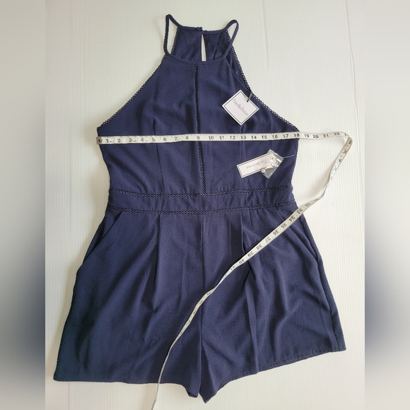 NWT Premier Amour Blue Halter-neck Keyhole Back Romper with Pockets, Sz. 14 - Picture 4 of 6